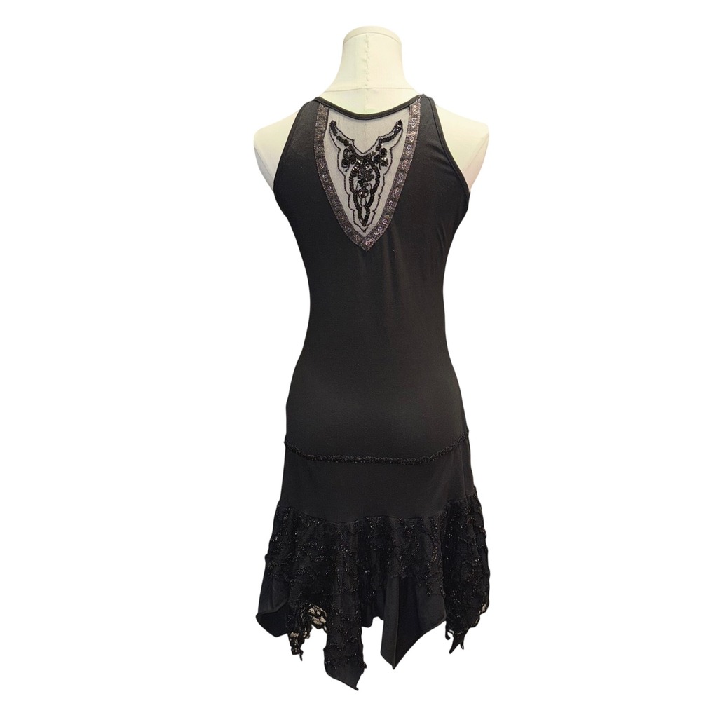 Italian Made Dress Womens Medium Black Good Beaded Bull Skull Mesh Goth Tiered